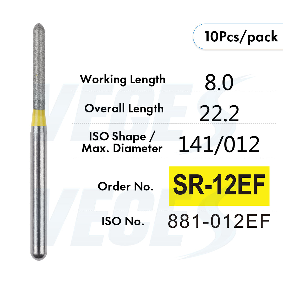 Veges Dental SR Extra Fine Torpedo Round-End Cylinder Diamond Dental Bur for Crown Preparation - 10pcs/Pack
