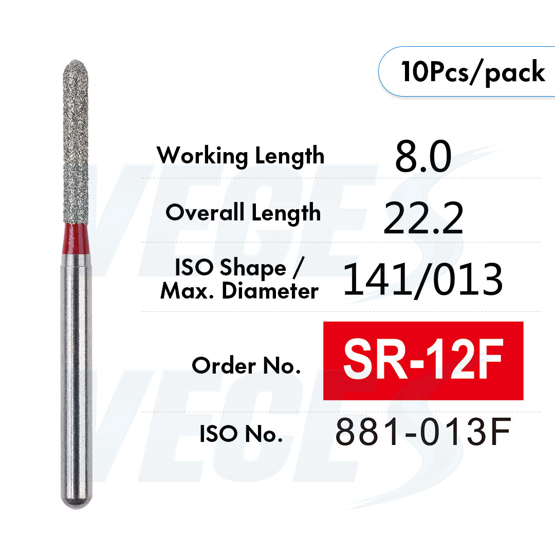 Veges Dental SR Fine Torpedo Round-End Cylinder Diamond Dental Bur for Crown Preparation - 10pcs/Pack