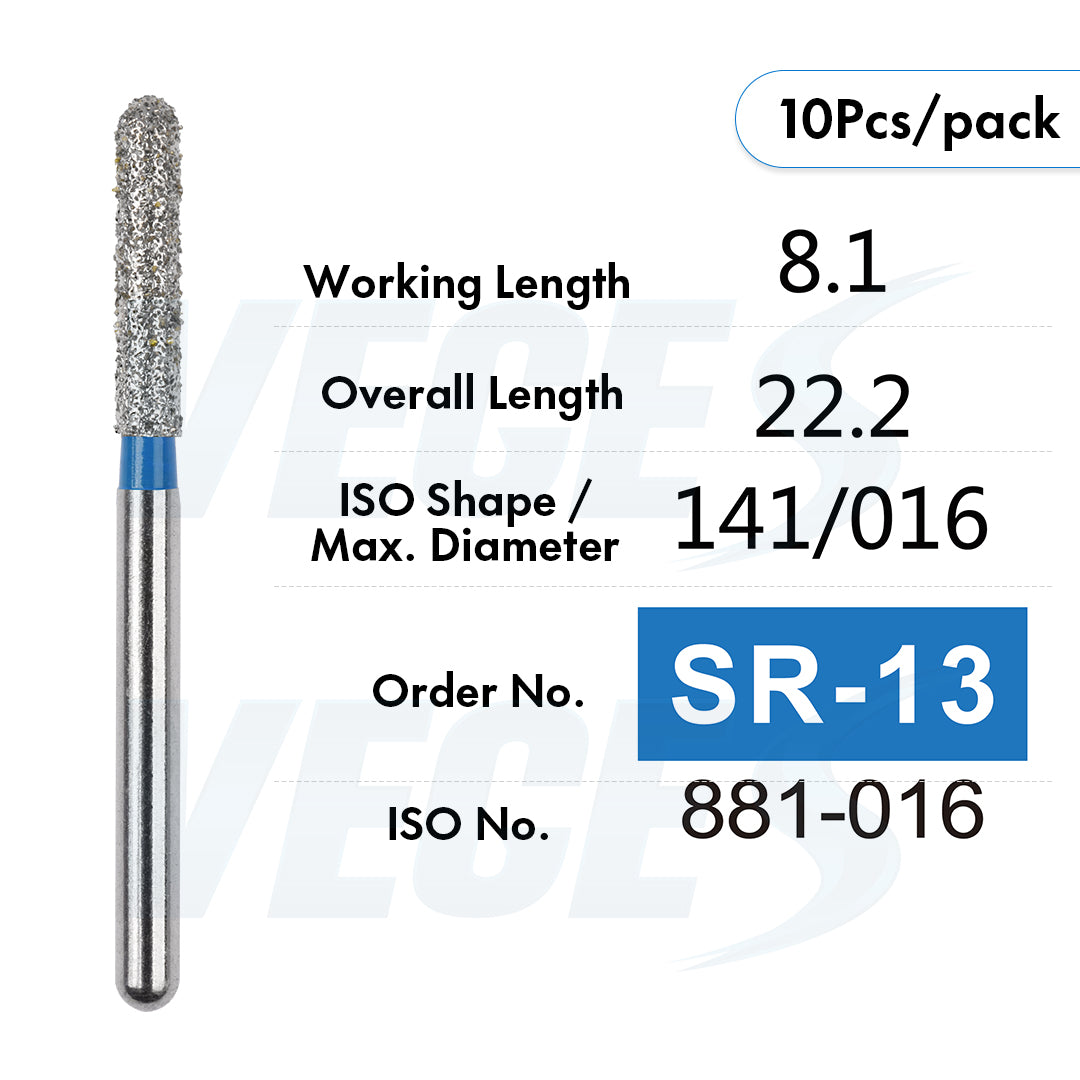 Veges Dental SR Standard Grit Torpedo Round-End Cylinder Diamond Dental Bur for Crown Preparation - 10pcs/Pack