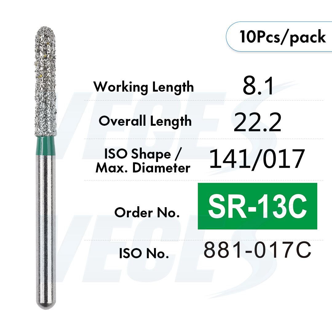 Veges Dental SR Coarse Torpedo Round-End Cylinder Diamond Dental Bur for Crown Preparation - 10pcs/Pack