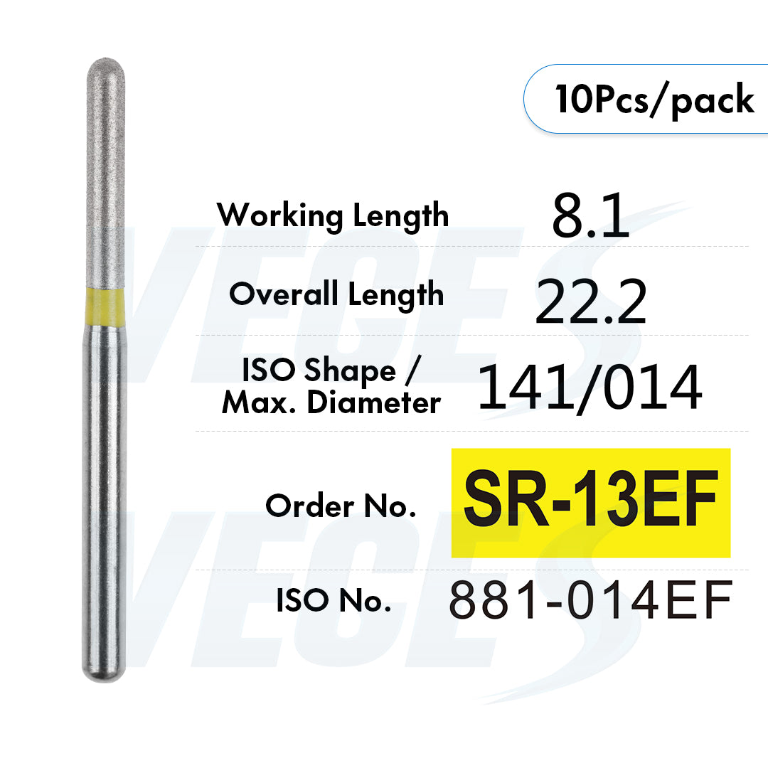 Veges Dental SR Extra Fine Torpedo Round-End Cylinder Diamond Dental Bur for Crown Preparation - 10pcs/Pack