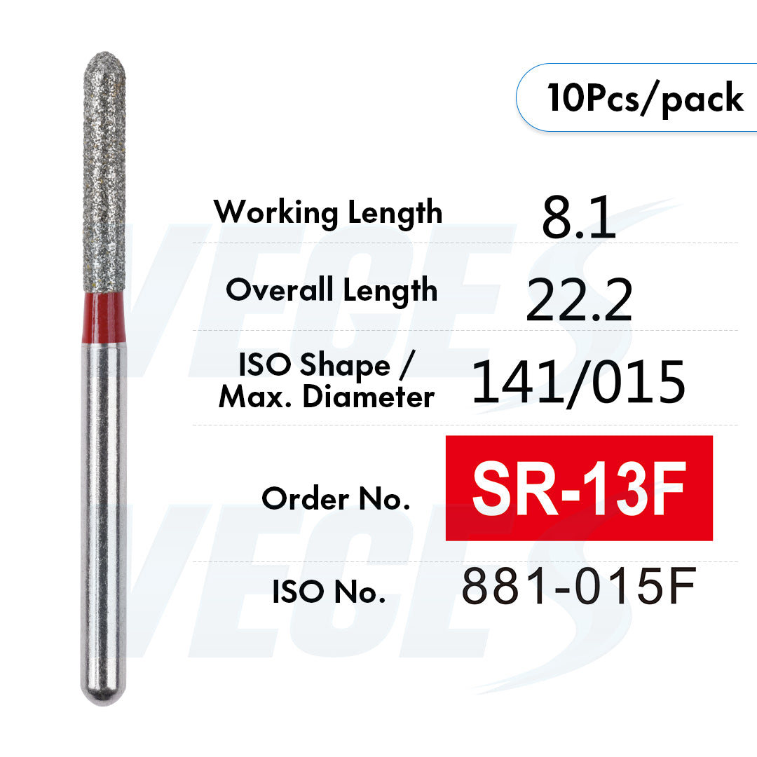 Veges Dental SR Fine Torpedo Round-End Cylinder Diamond Dental Bur for Crown Preparation - 10pcs/Pack