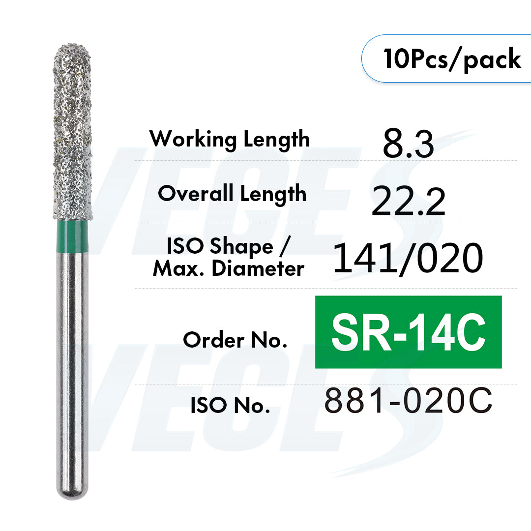 Veges Dental SR Coarse Torpedo Round-End Cylinder Diamond Dental Bur for Crown Preparation - 10pcs/Pack