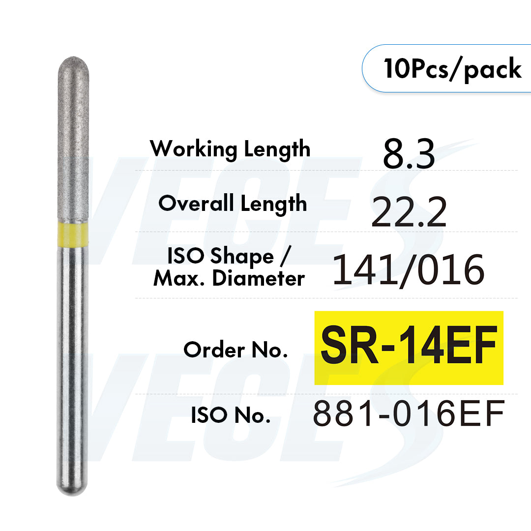 Veges Dental SR Extra Fine Torpedo Round-End Cylinder Diamond Dental Bur for Crown Preparation - 10pcs/Pack