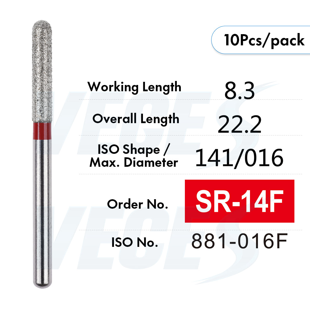 Veges Dental SR Fine Torpedo Round-End Cylinder Diamond Dental Bur for Crown Preparation - 10pcs/Pack