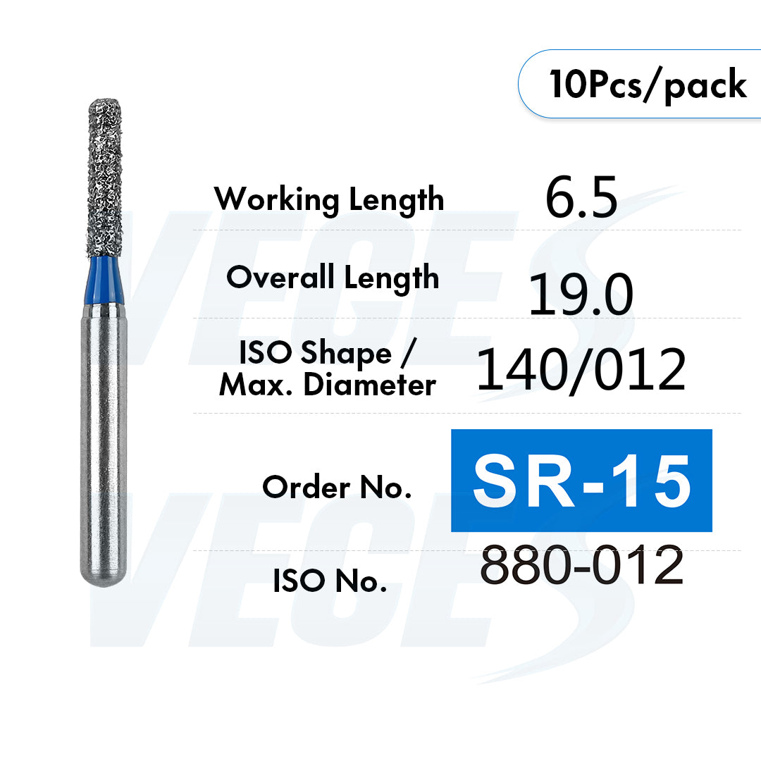 Veges Dental SR Standard Grit Torpedo Round-End Cylinder Diamond Dental Bur for Crown Preparation - 10pcs/Pack