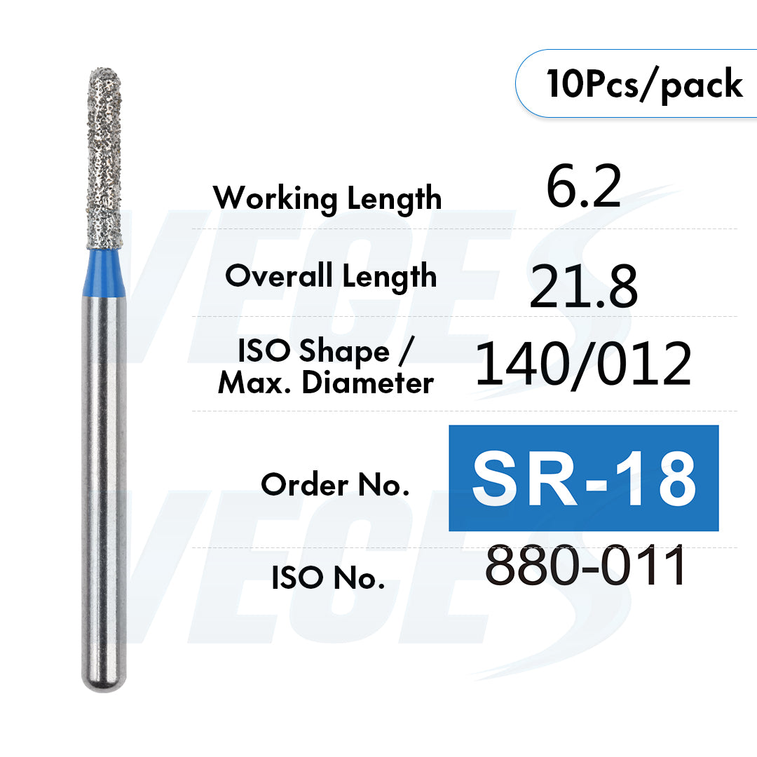 Veges Dental SR Standard Grit Torpedo Round-End Cylinder Diamond Dental Bur for Crown Preparation - 10pcs/Pack