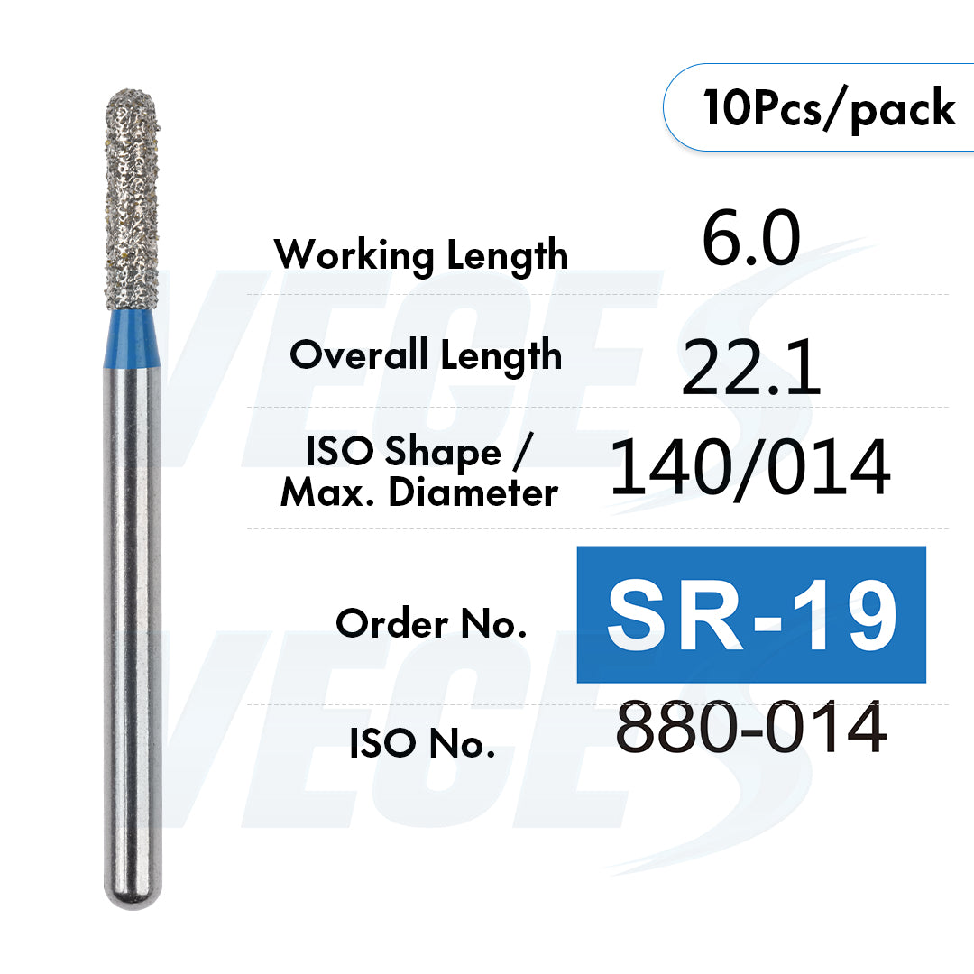 Veges Dental SR Standard Grit Torpedo Round-End Cylinder Diamond Dental Bur for Crown Preparation - 10pcs/Pack