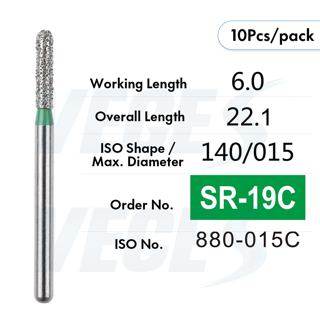 Veges Dental SR Coarse Torpedo Round-End Cylinder Diamond Dental Bur for Crown Preparation - 10pcs/Pack