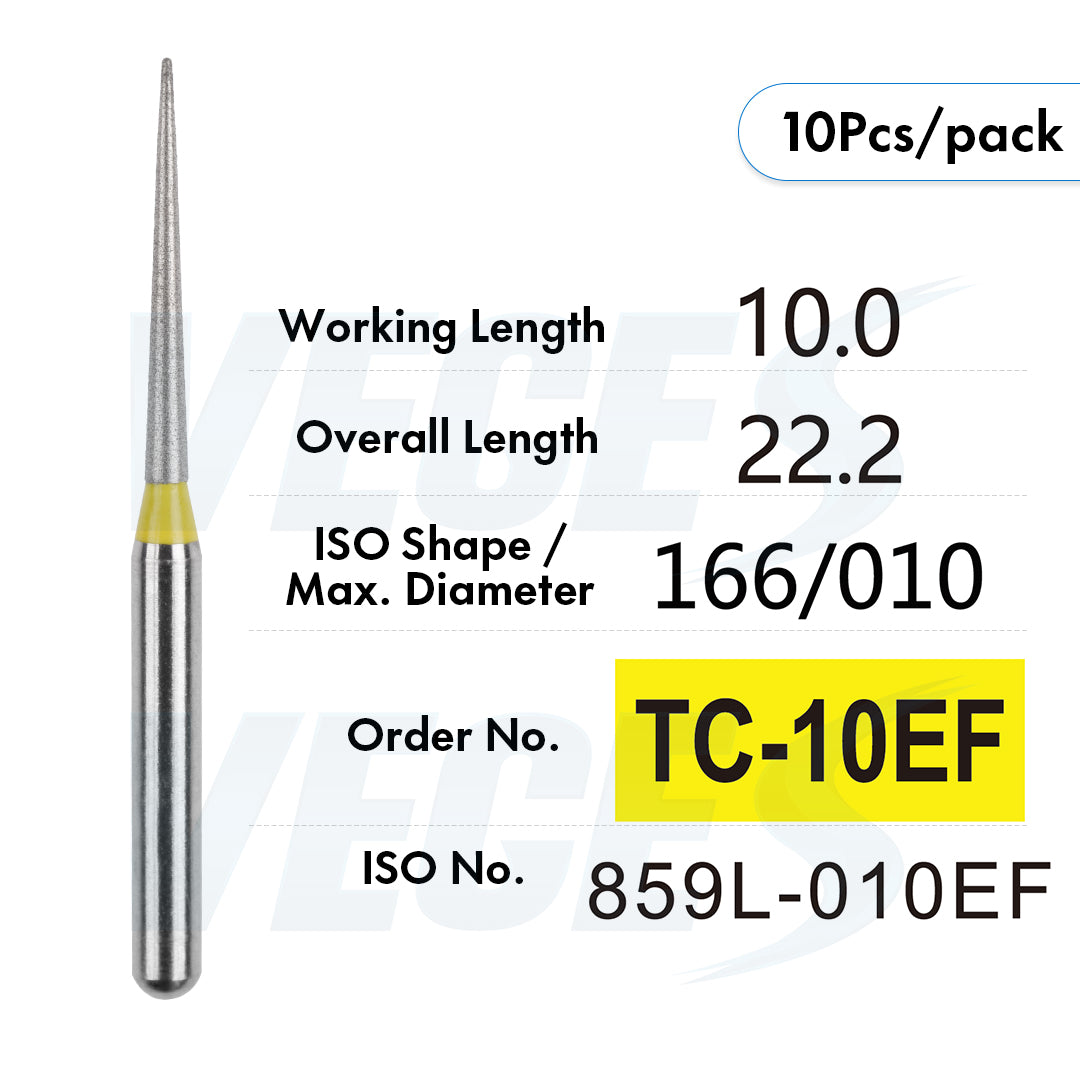 Veges Dental TC Extra Fine Tapered Point Diamond Dental Bur for Crown Finishing & Precision Preparation | Yellow Ring | FG | 10pcs