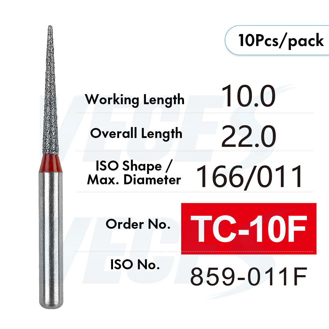 Veges Dental TC Fine Tapered Point Diamond Dental Bur for Tooth Preparation & Finishing | Red Ring | FG | 10pcs