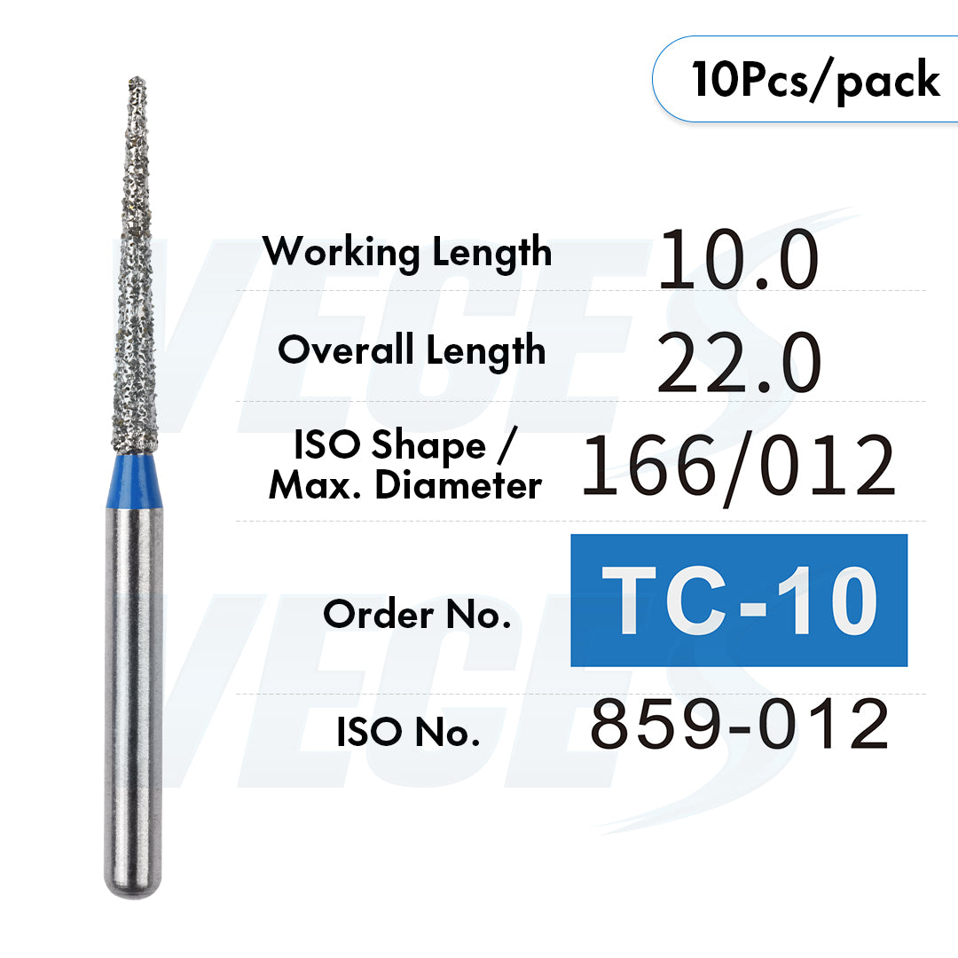 Veges Dental TC Tapered Point Diamond Dental Bur for Crown & Tooth Preparation | FG | 10pcs