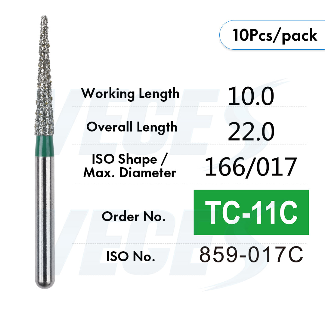 Veges Dental TC Coarse Tapered Point Diamond Dental Bur for Crown Preparation & Tooth Reduction | Green Ring | FG | 10pcs
