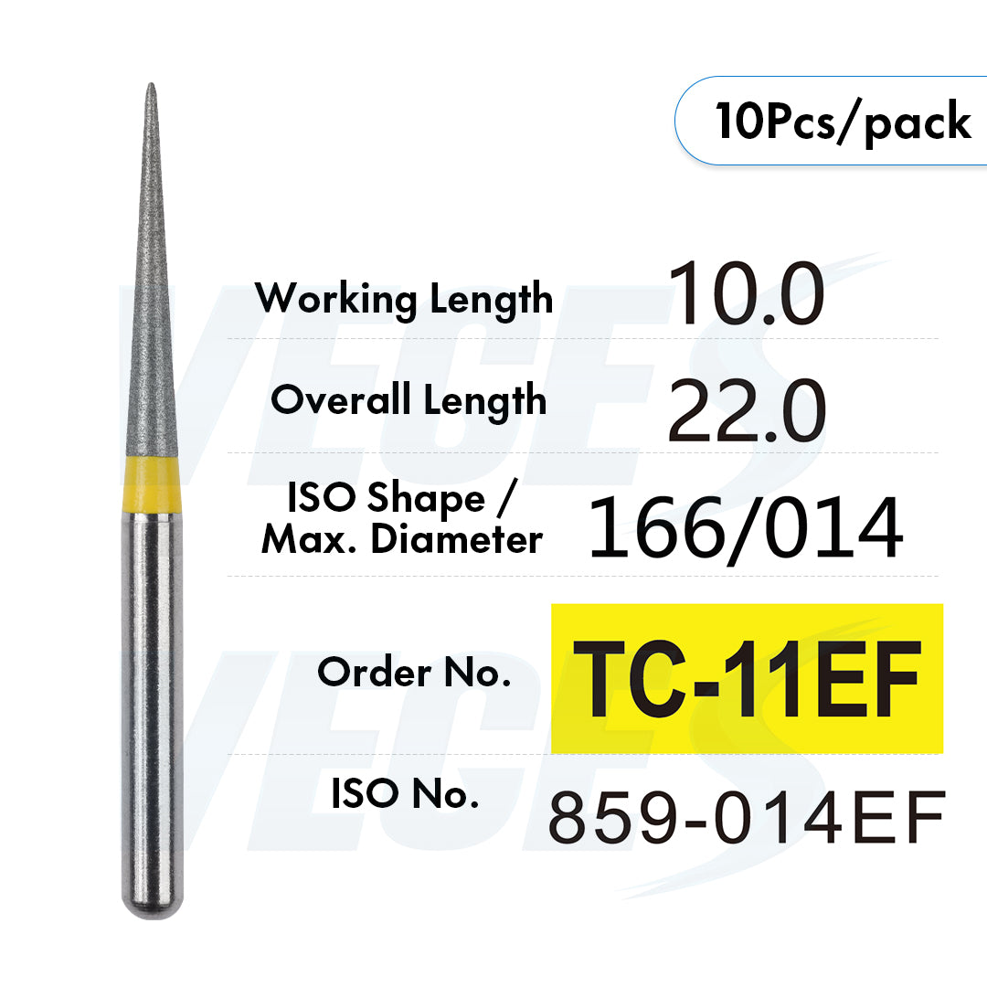 Veges Dental TC Extra Fine Tapered Point Diamond Dental Bur for Crown Finishing & Precision Preparation | Yellow Ring | FG | 10pcs