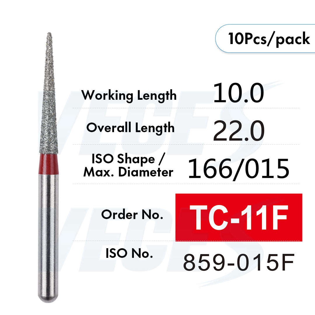 Veges Dental TC Fine Tapered Point Diamond Dental Bur for Tooth Preparation & Finishing | Red Ring | FG | 10pcs