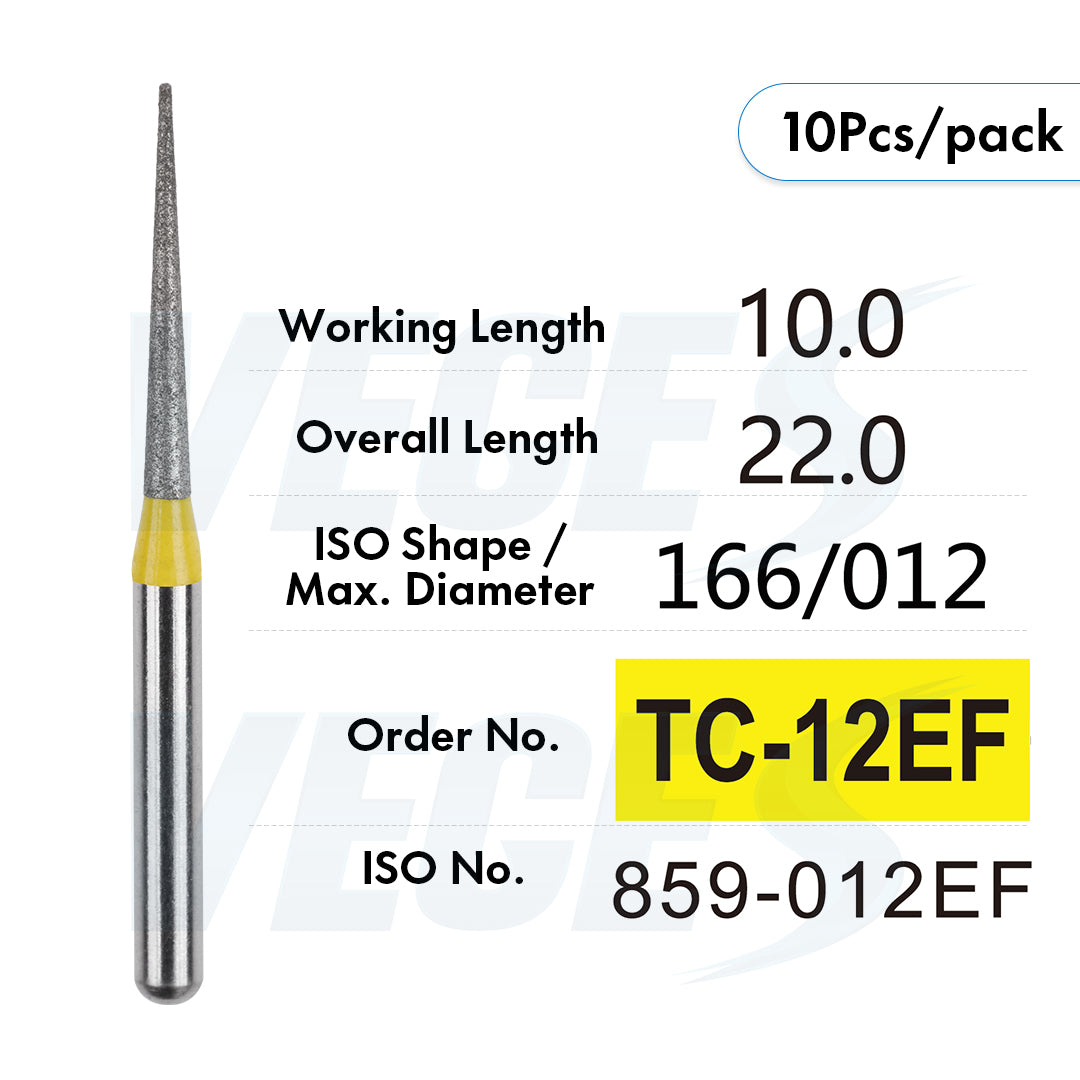 Veges Dental TC Extra Fine Tapered Point Diamond Dental Bur for Crown Finishing & Precision Preparation | Yellow Ring | FG | 10pcs