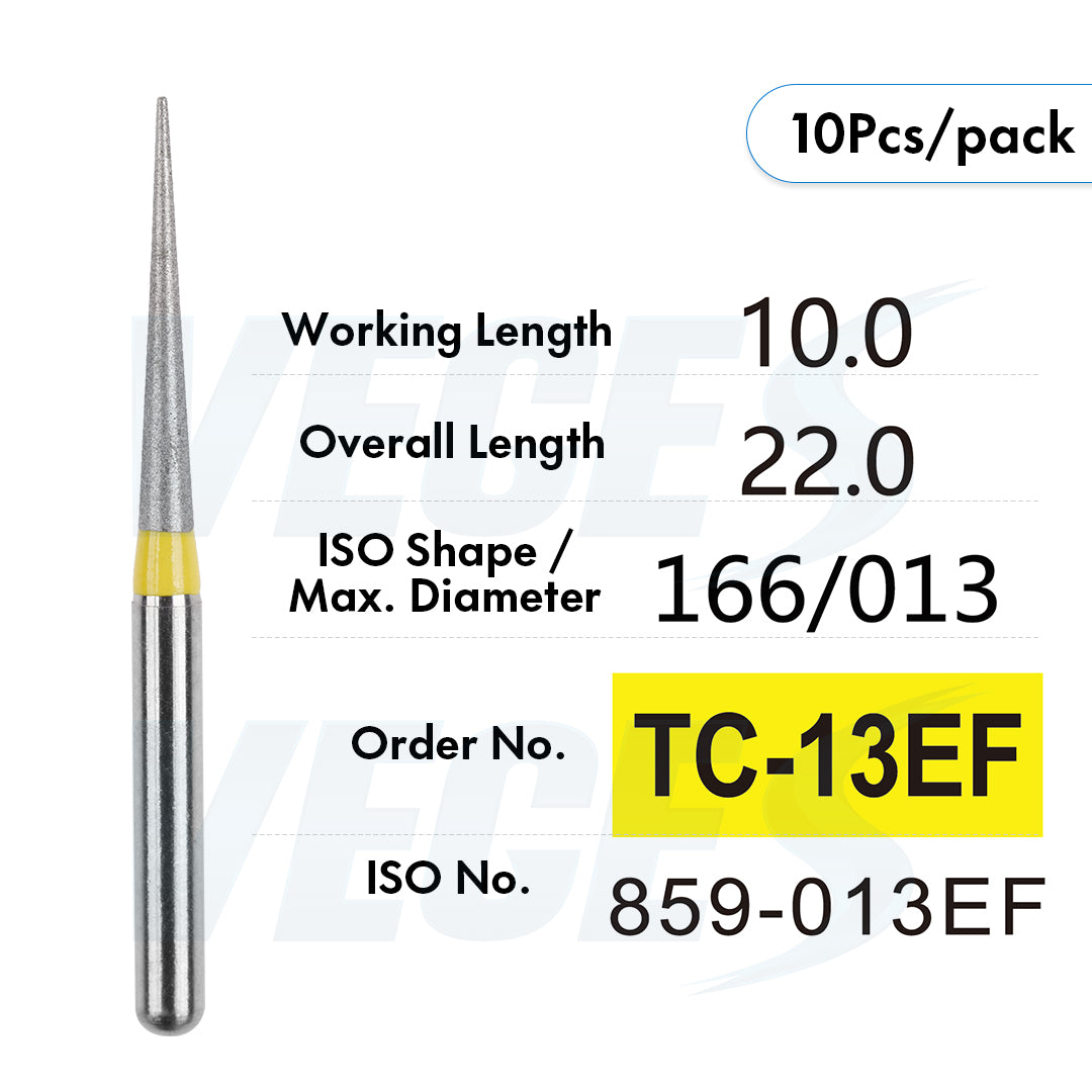 Veges Dental TC Extra Fine Tapered Point Diamond Dental Bur for Crown Finishing & Precision Preparation | Yellow Ring | FG | 10pcs