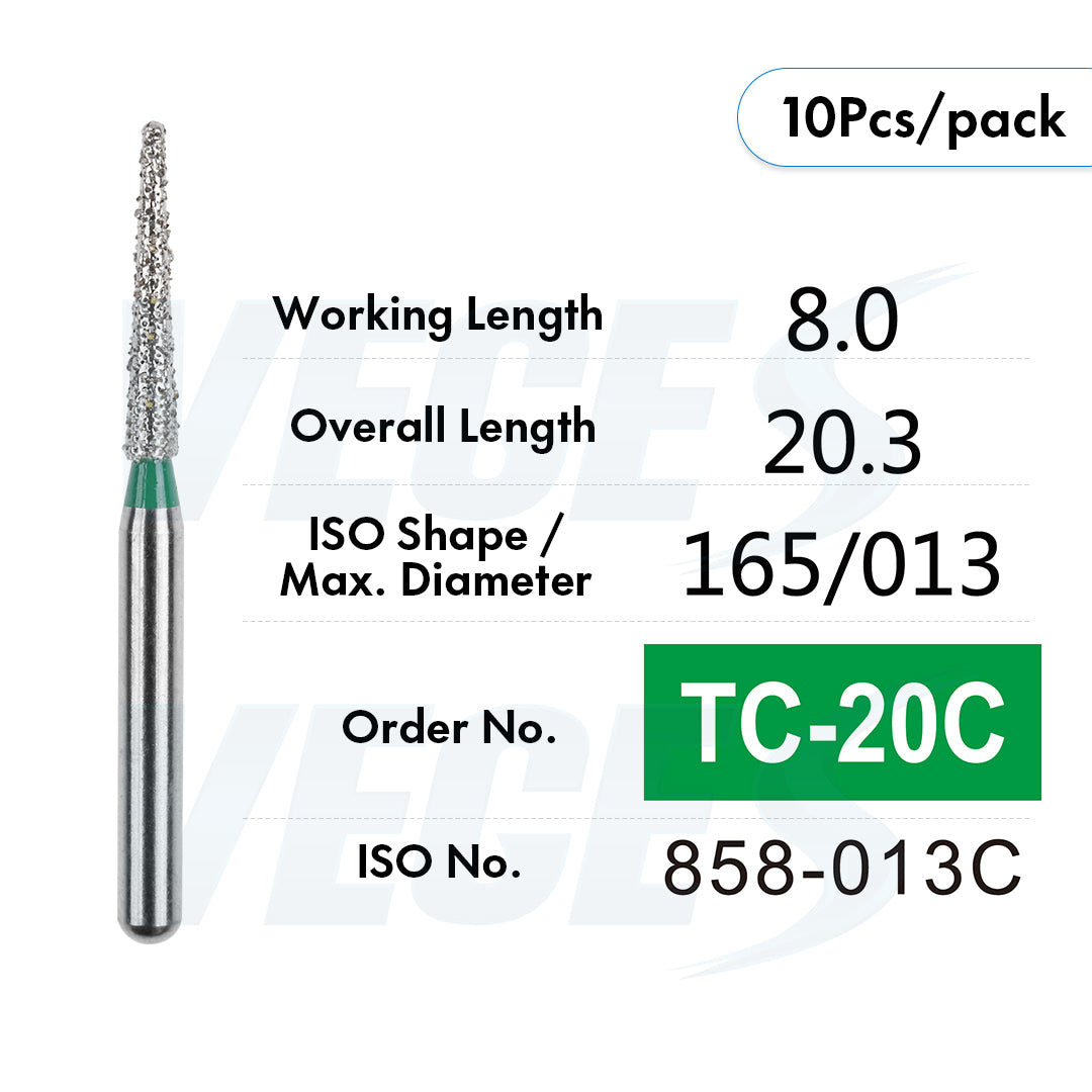 Veges Dental TC Coarse Tapered Point Diamond Dental Bur for Crown Preparation & Tooth Reduction | Green Ring | FG | 10pcs