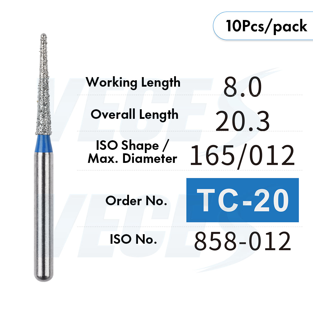 Veges Dental TC Tapered Point Diamond Dental Bur for Crown & Tooth Preparation | FG | 10pcs