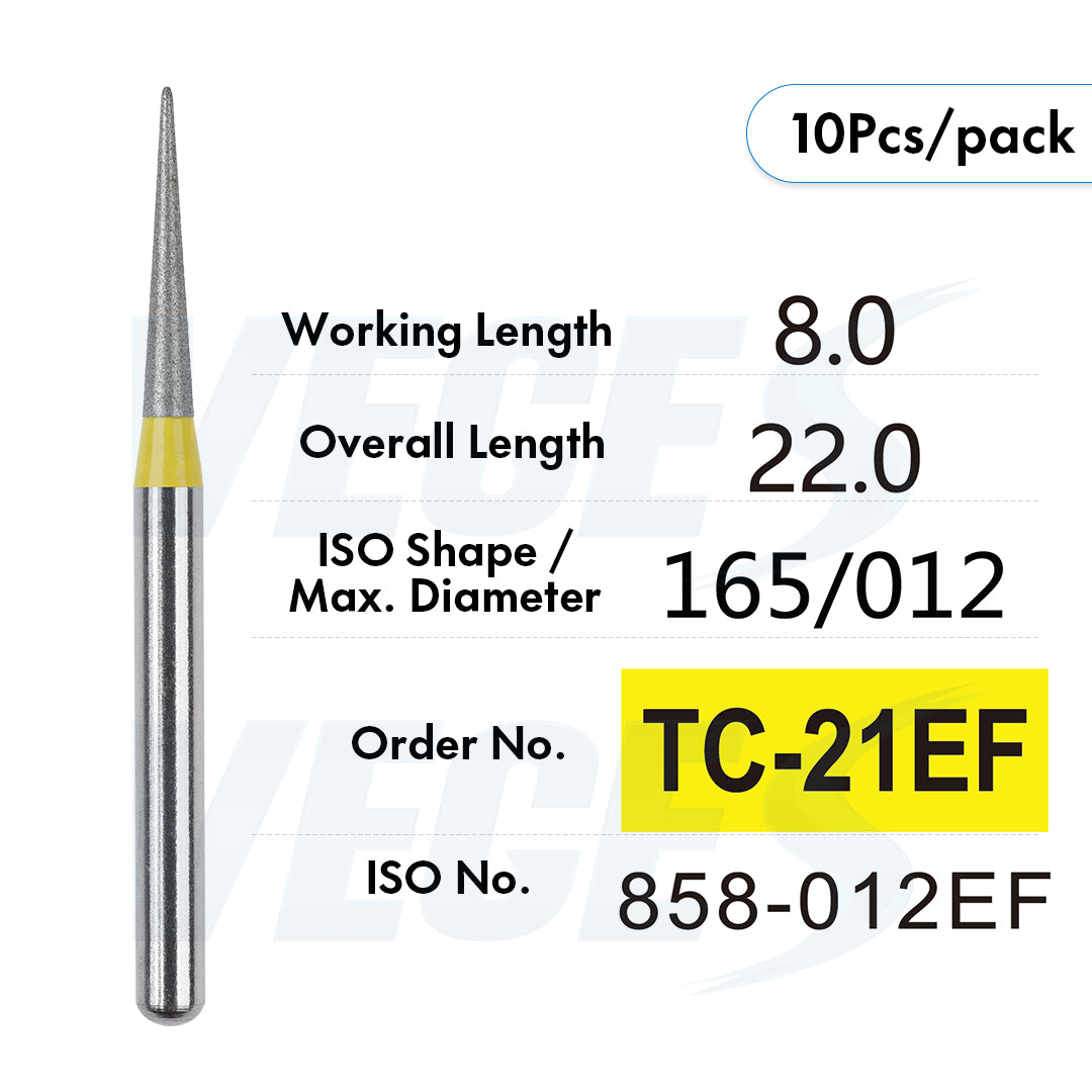 Veges Dental TC Extra Fine Tapered Point Diamond Dental Bur for Crown Finishing & Precision Preparation | Yellow Ring | FG | 10pcs
