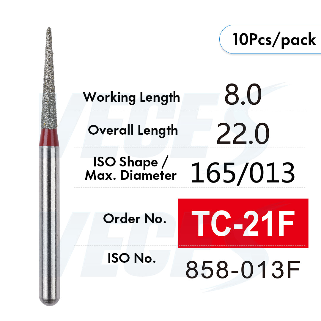 Veges Dental TC Fine Tapered Point Diamond Dental Bur for Tooth Preparation & Finishing | Red Ring | FG | 10pcs