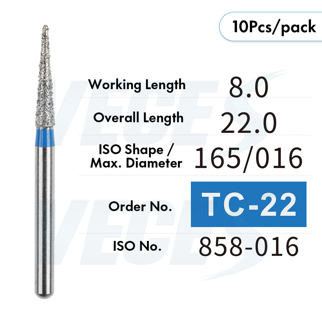 Veges Dental TC Tapered Point Diamond Dental Bur for Crown & Tooth Preparation | FG | 10pcs
