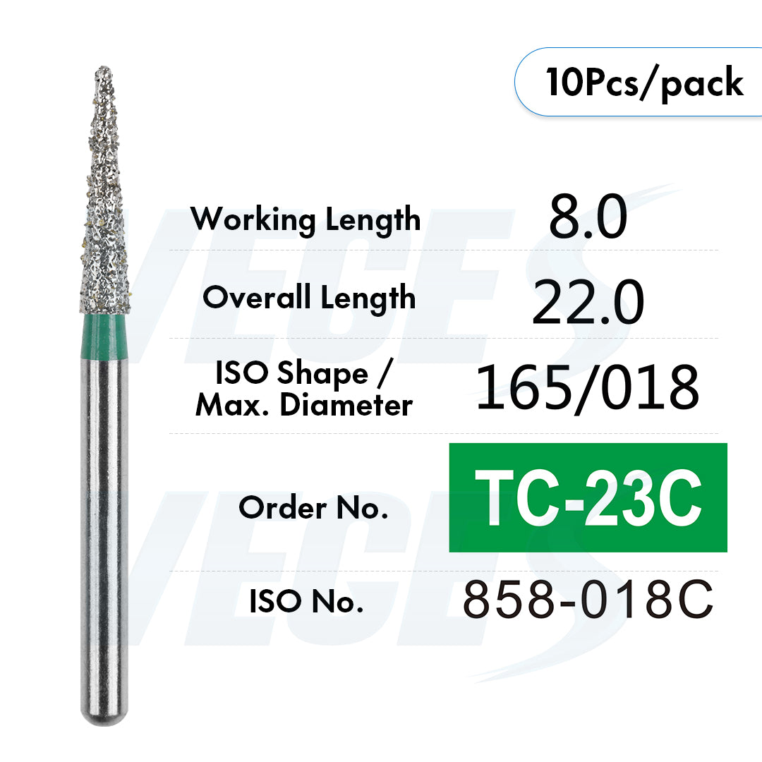 Veges Dental TC Coarse Tapered Point Diamond Dental Bur for Crown Preparation & Tooth Reduction | Green Ring | FG | 10pcs