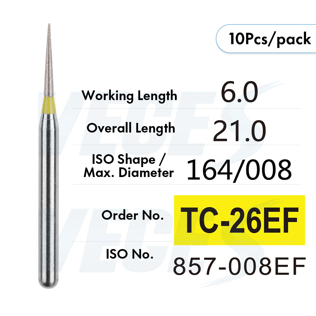 Veges Dental TC Extra Fine Tapered Point Diamond Dental Bur for Crown Finishing & Precision Preparation | Yellow Ring | FG | 10pcs