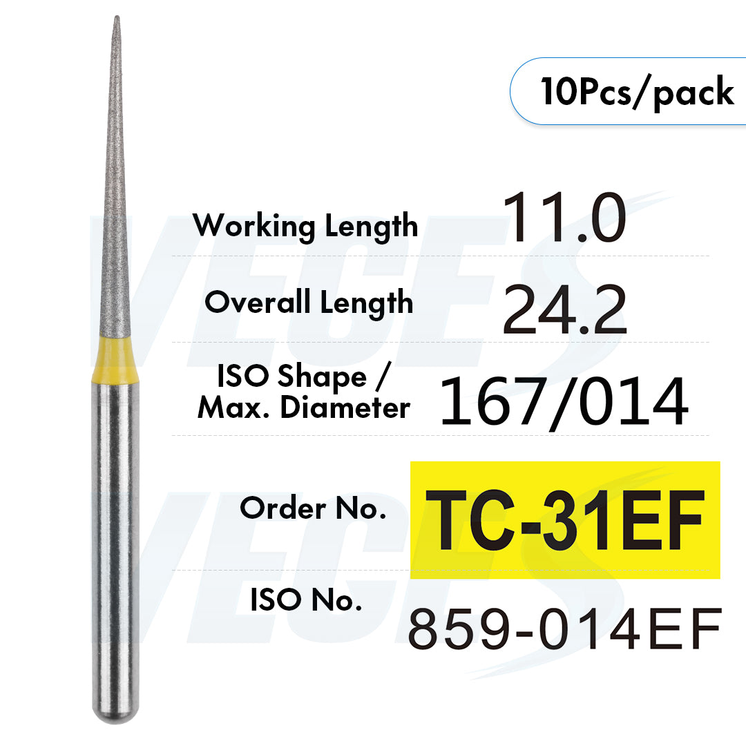 Veges Dental TC Extra Fine Tapered Point Diamond Dental Bur for Crown Finishing & Precision Preparation | Yellow Ring | FG | 10pcs