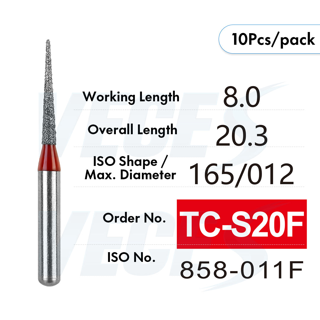 Veges Dental TC Fine Tapered Point Diamond Dental Bur for Tooth Preparation & Finishing | Red Ring | FG | 10pcs