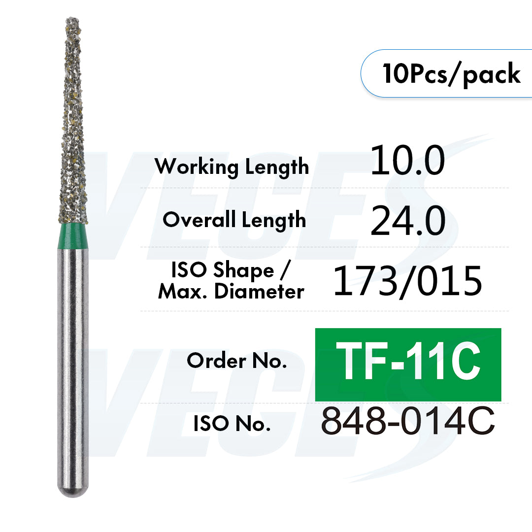 Veges Dental TF Coarse Flat-End Diamond Dental Bur for Tooth Preparation & Contouring | Green Ring | FG | 10pcs
