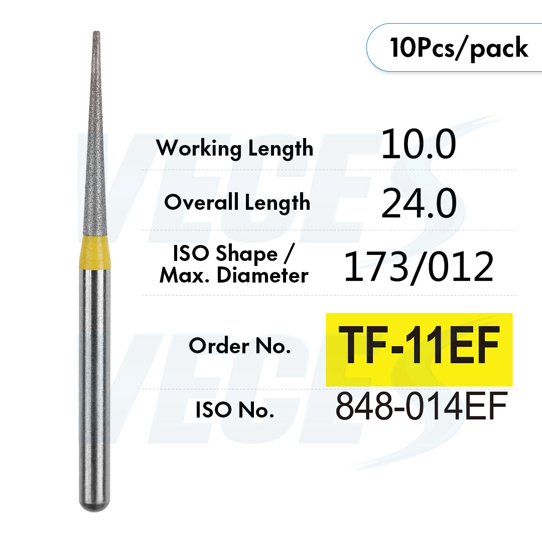 Veges Dental TF Extra Fine Diamond Bur – Yellow Ring Finishing Bur, 10pcs/Pack