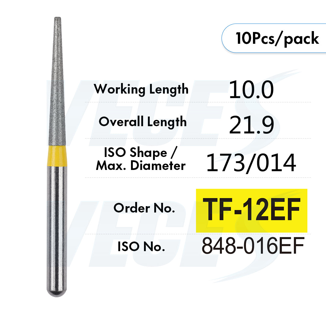 Veges Dental TF Extra Fine Diamond Bur – Yellow Ring Finishing Bur, 10pcs/Pack