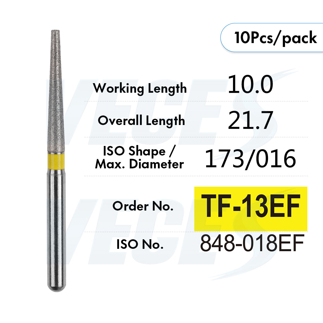 Veges Dental TF Extra Fine Diamond Bur – Yellow Ring Finishing Bur, 10pcs/Pack