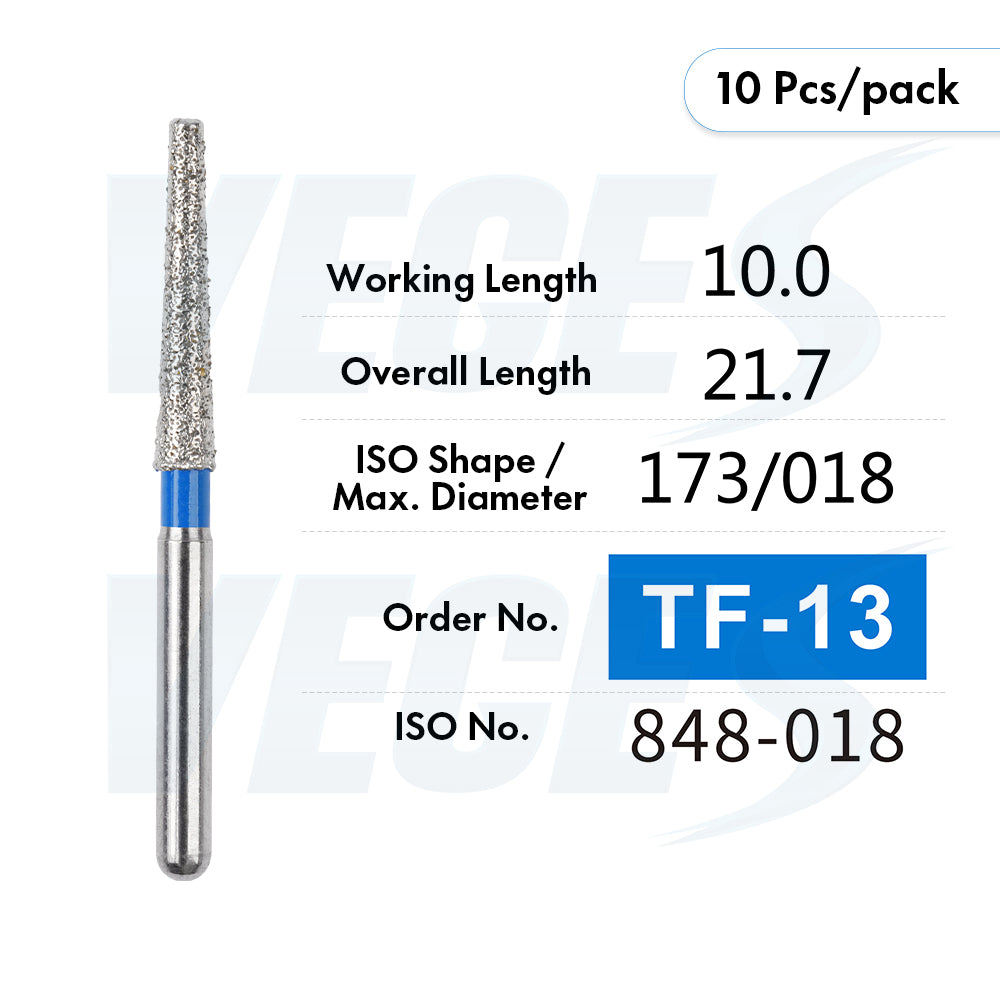 Veges Dental TF Standard Diamond Dental Bur for Tooth Preparation, Contouring & Finishing | Standard Grit | FG | 10pcs