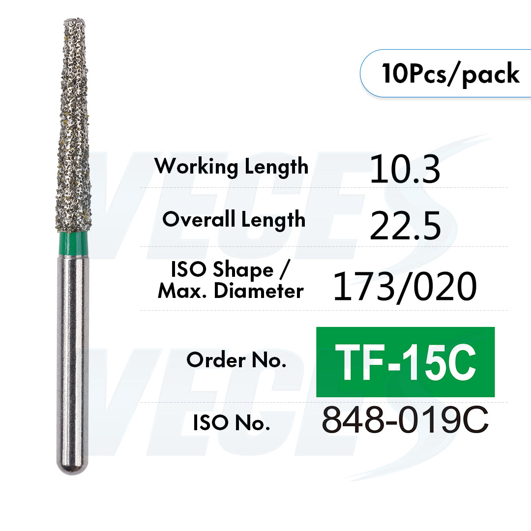 Veges Dental TF Coarse Flat-End Diamond Dental Bur for Tooth Preparation & Contouring | Green Ring | FG | 10pcs