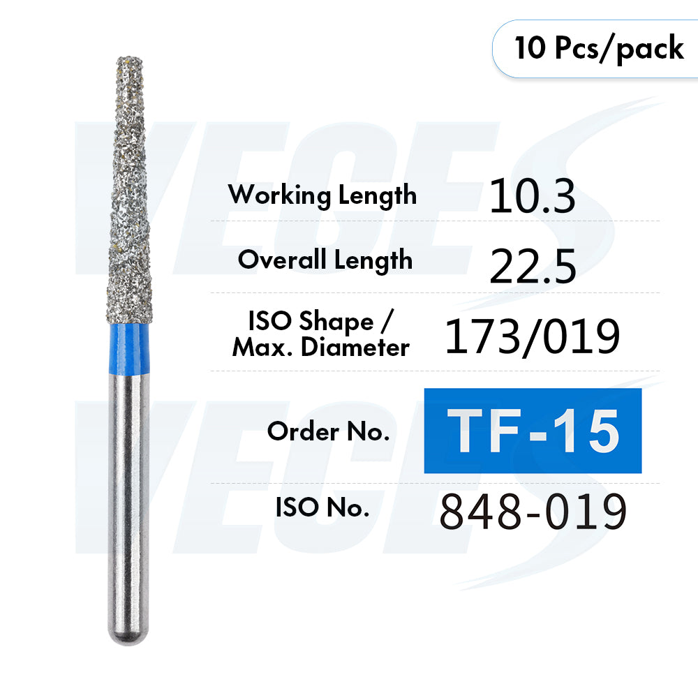 Veges Dental TF Standard Diamond Dental Bur for Tooth Preparation, Contouring & Finishing | Standard Grit | FG | 10pcs