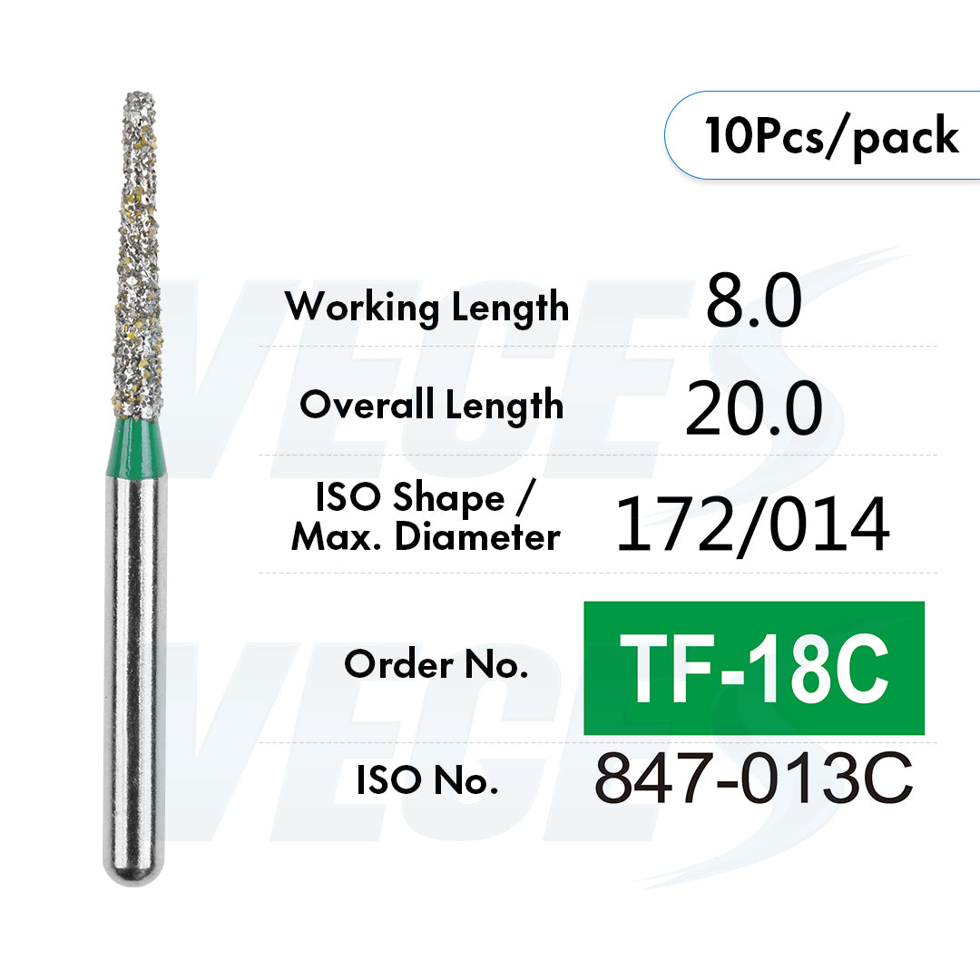 Veges Dental TF Coarse Flat-End Diamond Dental Bur for Tooth Preparation & Contouring | Green Ring | FG | 10pcs