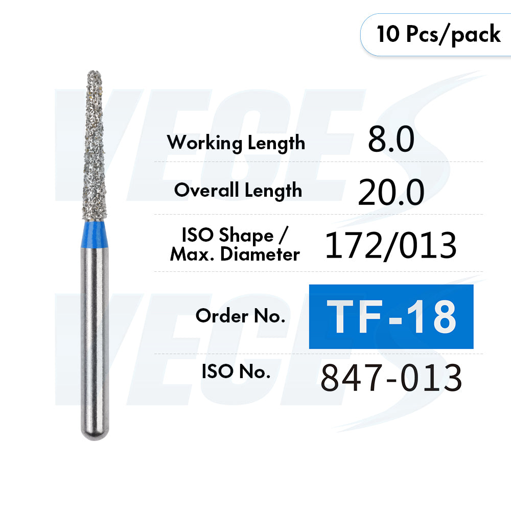 Veges Dental TF Standard Diamond Dental Bur for Tooth Preparation, Contouring & Finishing | Standard Grit | FG | 10pcs