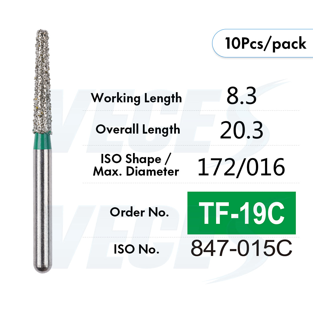 Veges Dental TF Coarse Flat-End Diamond Dental Bur for Tooth Preparation & Contouring | Green Ring | FG | 10pcs