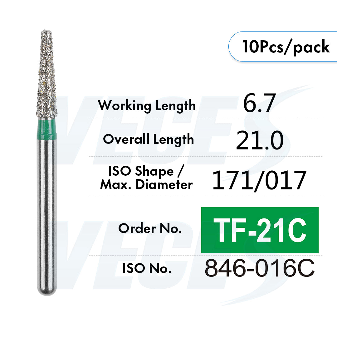 Veges Dental TF Coarse Flat-End Diamond Dental Bur for Tooth Preparation & Contouring | Green Ring | FG | 10pcs