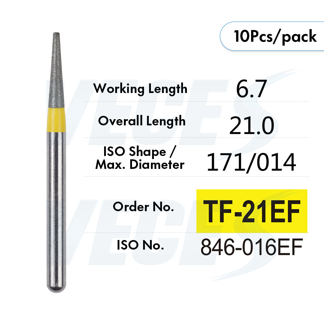 Veges Dental TF Extra Fine Diamond Bur – Yellow Ring Finishing Bur, 10pcs/Pack