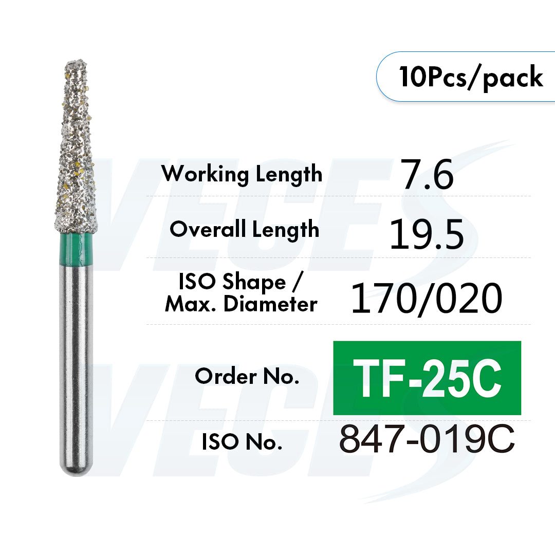 Veges Dental TF Coarse Flat-End Diamond Dental Bur for Tooth Preparation & Contouring | Green Ring | FG | 10pcs