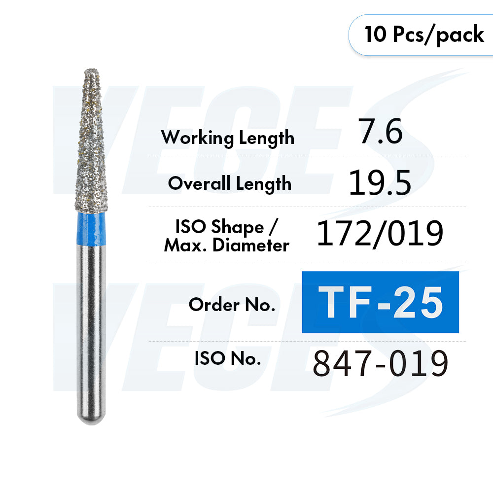 Veges Dental TF Standard Diamond Dental Bur for Tooth Preparation, Contouring & Finishing | Standard Grit | FG | 10pcs