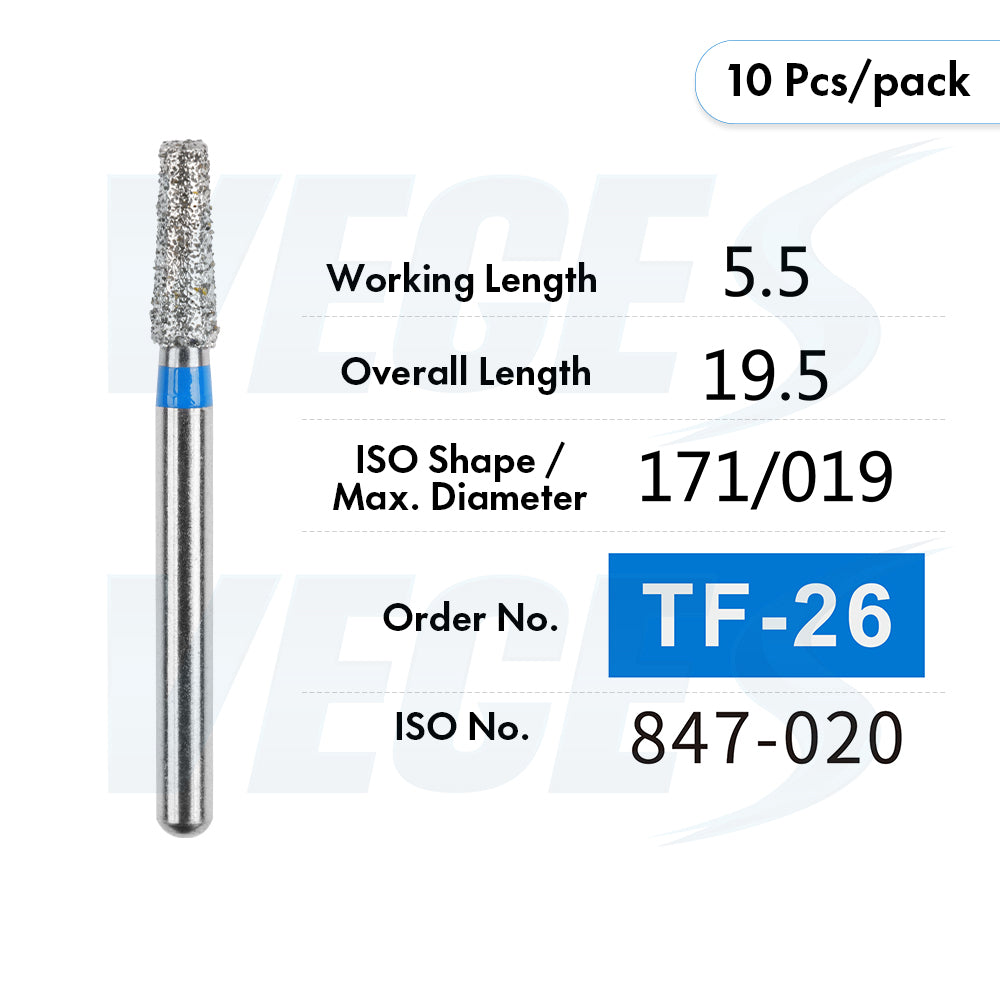 Veges Dental TF Standard Diamond Dental Bur for Tooth Preparation, Contouring & Finishing | Standard Grit | FG | 10pcs