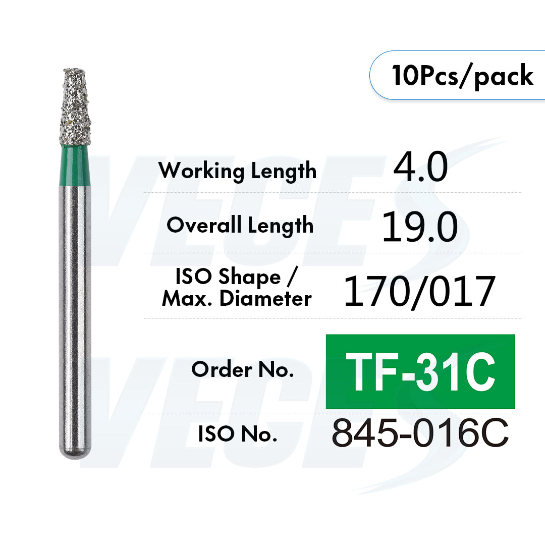 Veges Dental TF Coarse Flat-End Diamond Dental Bur for Tooth Preparation & Contouring | Green Ring | FG | 10pcs