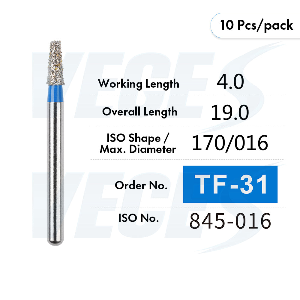 Veges Dental TF Standard Diamond Dental Bur for Tooth Preparation, Contouring & Finishing | Standard Grit | FG | 10pcs