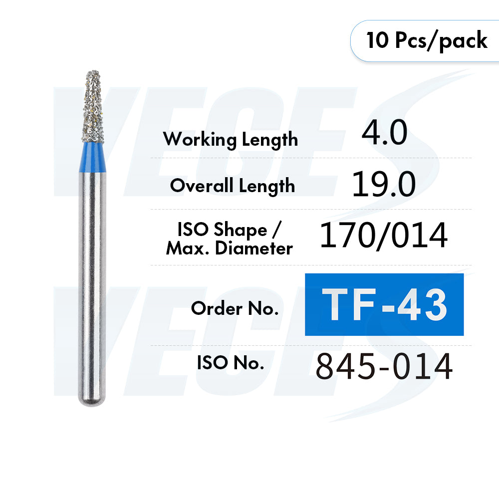 Veges Dental TF Standard Diamond Dental Bur for Tooth Preparation, Contouring & Finishing | Standard Grit | FG | 10pcs