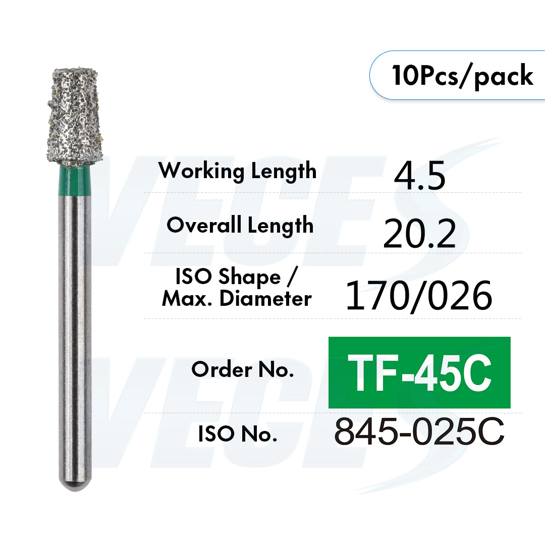 Veges Dental TF Coarse Flat-End Diamond Dental Bur for Tooth Preparation & Contouring | Green Ring | FG | 10pcs