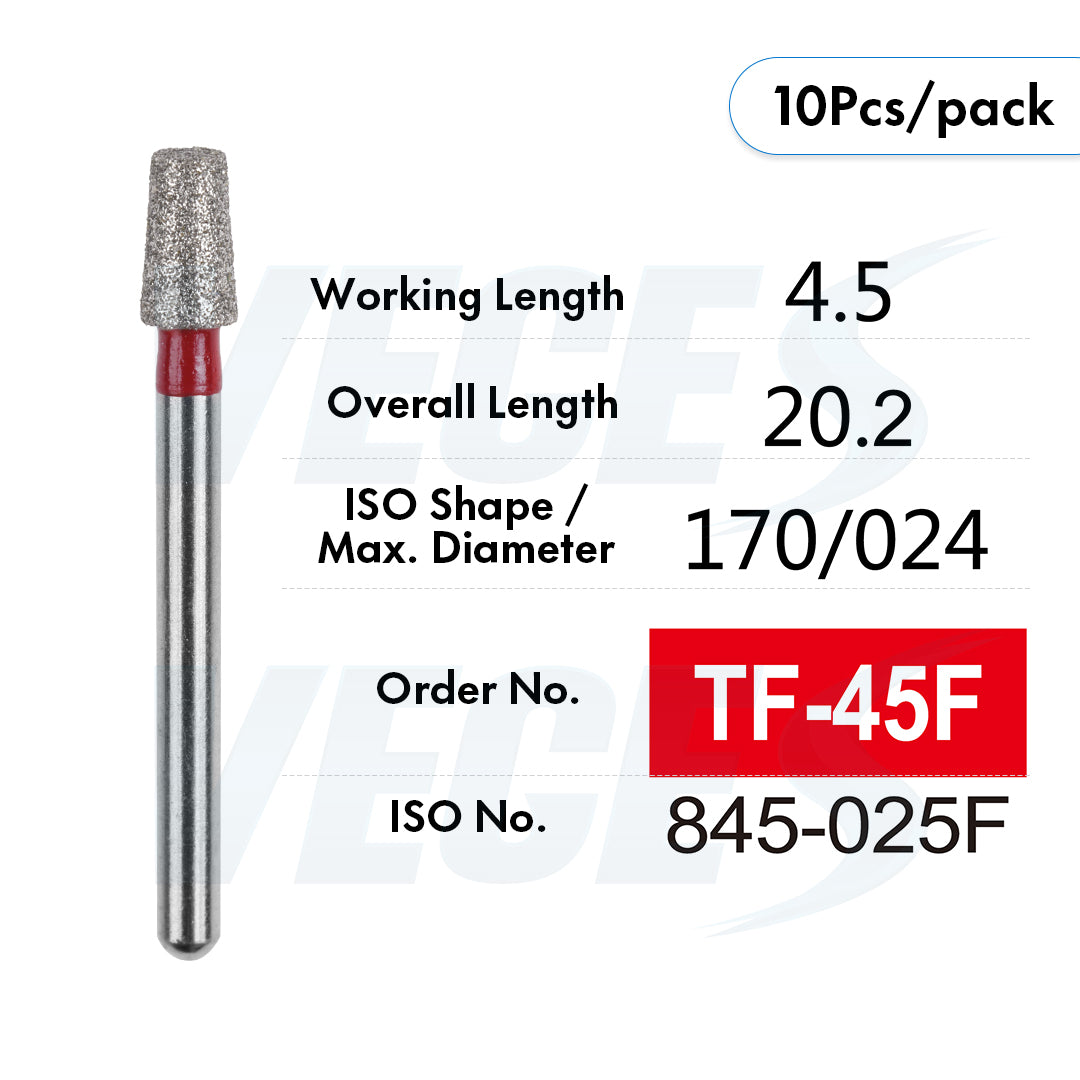 Veges Dental TF Fine Flat-End Diamond Dental Bur for Tooth Preparation – 10pcs/Pack